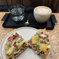 Vegan waffles, one savory and one sweet, with cappuccino at VanFruct Campineanu in Bucharest