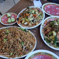 Rice, noodles and vegetables plates at Jeon San in La Paz
