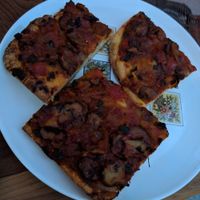 Pizza!  Toppings change every day, on this day it was onion and lobster mushroom at Strange Town in Milwaukee