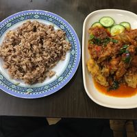 Fake fish with brown rice at Yi Xin Vegetarian 一心素食 in Central Singapore