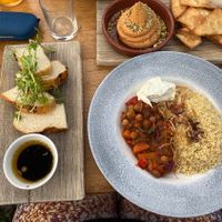 Med Biome restaurant - tagine, hummus with flatbread and crusty bread with balsamic vinegar   at Eden Project in St Austell