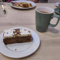 Carrot cake with a tea with soy milk at Eden Project in St Austell