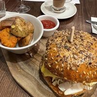 Vegan truffle burger with potato wedges   at Wulf & Lamb Chelsea in London