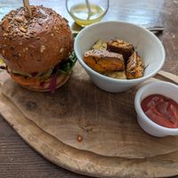 Delicious Wulf burger with very tasty wedges at Wulf & Lamb Chelsea in London