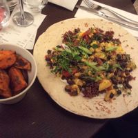 The open Burrito and very good sweet potato wedges at Wulf & Lamb Chelsea in London
