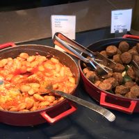 White bean dish (tomato-base) and falafel with zucchini and red onions at Scandic Simonkenttä in Helsinki