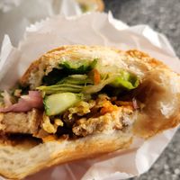Shredded pork and tofu with ciabatta roll at La Panella in Preston