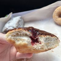Inside chocolate and jam donut   at La Panella in Preston