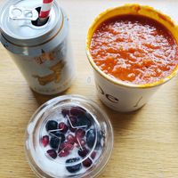 Vegan tomato soup and vegan coconut chia pudding 🌷 at Pret A Manger - Av Marceau in Paris