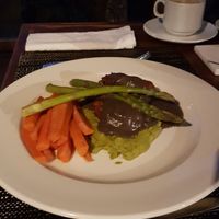 MacRissoles on pea puree and mushroom gravy at Country Delights Natural Foods in Cooranbong