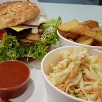 Burger, coleslaw and wedges at Krowarzywa in Wroclaw