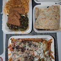 Chili fries, quesadilla, southern combo at The Hogtown Vegan in Toronto