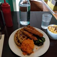 Chicken and waffles+mac and cheese at The Hogtown Vegan in Toronto
