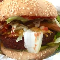 Bacon cheeseburger - not the prettiest but it was delivered to me! at The Hogtown Vegan in Toronto