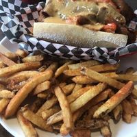Philly cheesesteak with fries  at The Hogtown Vegan in Toronto