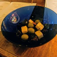 Incredible vegan cheese and olives in olive oil, tastes very similar to feta. Small portion but worth it for quality. at hallogallo in Tokyo