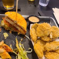 Vegan chicken sandwhich with fried pickles. Medium spice at Flippin' Good in Las Vegas