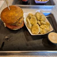 Chickn sandwich and fried pickles at Flippin' Good in Las Vegas