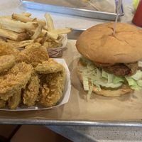Vegan chicken burguer with fried pickles and fries  at Flippin' Good in Las Vegas