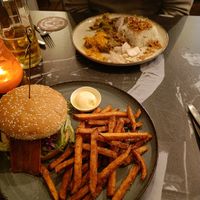 Our plates, burger and rendang at Backstage Vegan Kitchen in Rotterdam