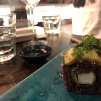 Black rice tofu eggplant zucchini capsicum sushi with crispy kale at O-Sushi in Byron Bay