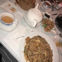 Pad Thai (no egg), fried tofu, General TSO tofu, green tea.  at Cre-Asian in South Bend