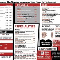 Main Menu at Illegal Jack's in Edinburgh