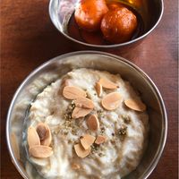 Vegan coconut and almond milk based rice pudding and rose water donuts... delicious  at Hindusthali in Montreal