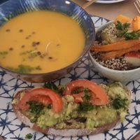 Pumpkin soup with small salad and avocado toast at Life Bar in Leuven
