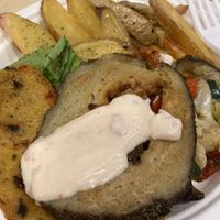 farinata(sotto) seitan(sopra) con mayo ai pomodori secchi.  at Officina Vegana in Naples