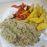 Rice, potato wedges, mixed vegetables, mayo at Officina Vegana in Naples