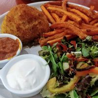 Arancini ball and sweet potato fries at Cafe Blue Gum in Monbulk