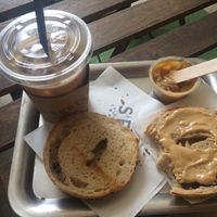 Peanut butter bagel and soy milk maple syrup latte at SF Bagel in Seoul