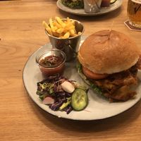 Burger with vegan bacon  at Fryends in Brno