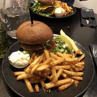 Seitan burger + portobello mushroom  at Cafe Rooster in Oulu