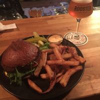 Vegan burger with fries and vegan chili mayo at Cafe Rooster in Oulu