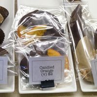 Pineapple, Nectarine, and Pear, dipped in dark chocolate at The Xocolate Bar in Berkeley