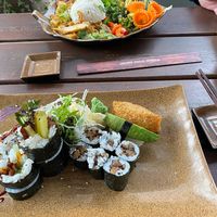 vegan sushi and tofu in peanut sauce with some veggies and rice at Mom's Creation - Alt Treptow in Berlin