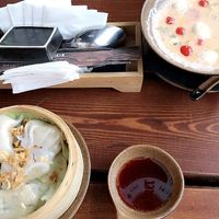 soup with coconut milk, tofu and vegetables and filled dompligs with tofu and vegetables  at Mom's Creation - Alt Treptow in Berlin
