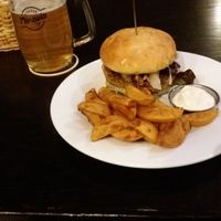 burger and fried potatoes at Tři Ocásci in Brno
