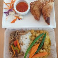 Curry puffs $7.50, Lunch pack with crispy mushrooms, rice, and chickpea potato curry $10.00 at Vegieria in Heatherton