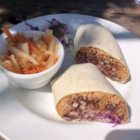 Vegan burrito with kimchi on side  at Ukee Dogs in Ucluelet