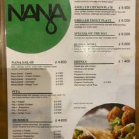 Menu at Nana Falafel & Juice Bar in San Jose