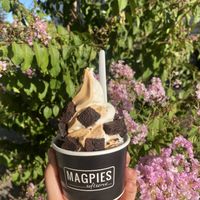 Vegan Thai tea mixed with vegan corn almond  at Magpies Softserve in Tarzana