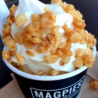 corn almond (vegan) with butterscoth rice crispies (which are not vegan but this was my sons) at Magpies Softserve in Tarzana