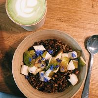 Nordic pear porridge and matcha latte  at 26 Grains in London