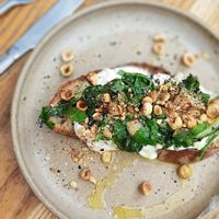 Fresh ricotta, garlic chard, roasted hazelnut and black chili. at 26 Grains in London