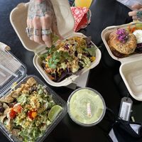 Cesar with tempeh, nacho special & sassie tempeh burger. at a'a Roots Health Cafe in Lahaina