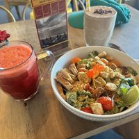 Deep Roots juice — Cesar salad with tempeh — West Side Flex  at a'a Roots Health Cafe in Lahaina