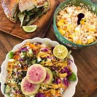 Bagel sandwich, Naked Summer Roll, and a Tropical Acai Bowl at a'a Roots Health Cafe in Lahaina